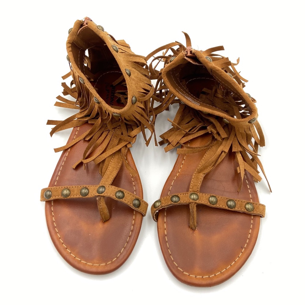 Tan Boho Chic Fringe Detail Thong Sandal Size 6.5